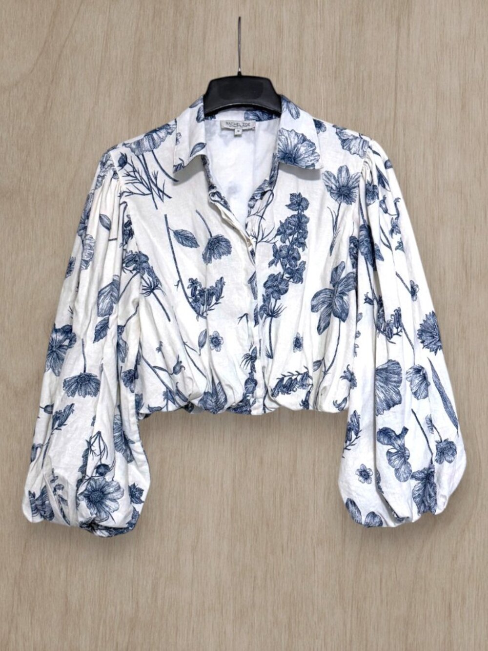 Rachel Zoe Floral Linen Blend Statement Sleeve Cropped Button Front Blouse M